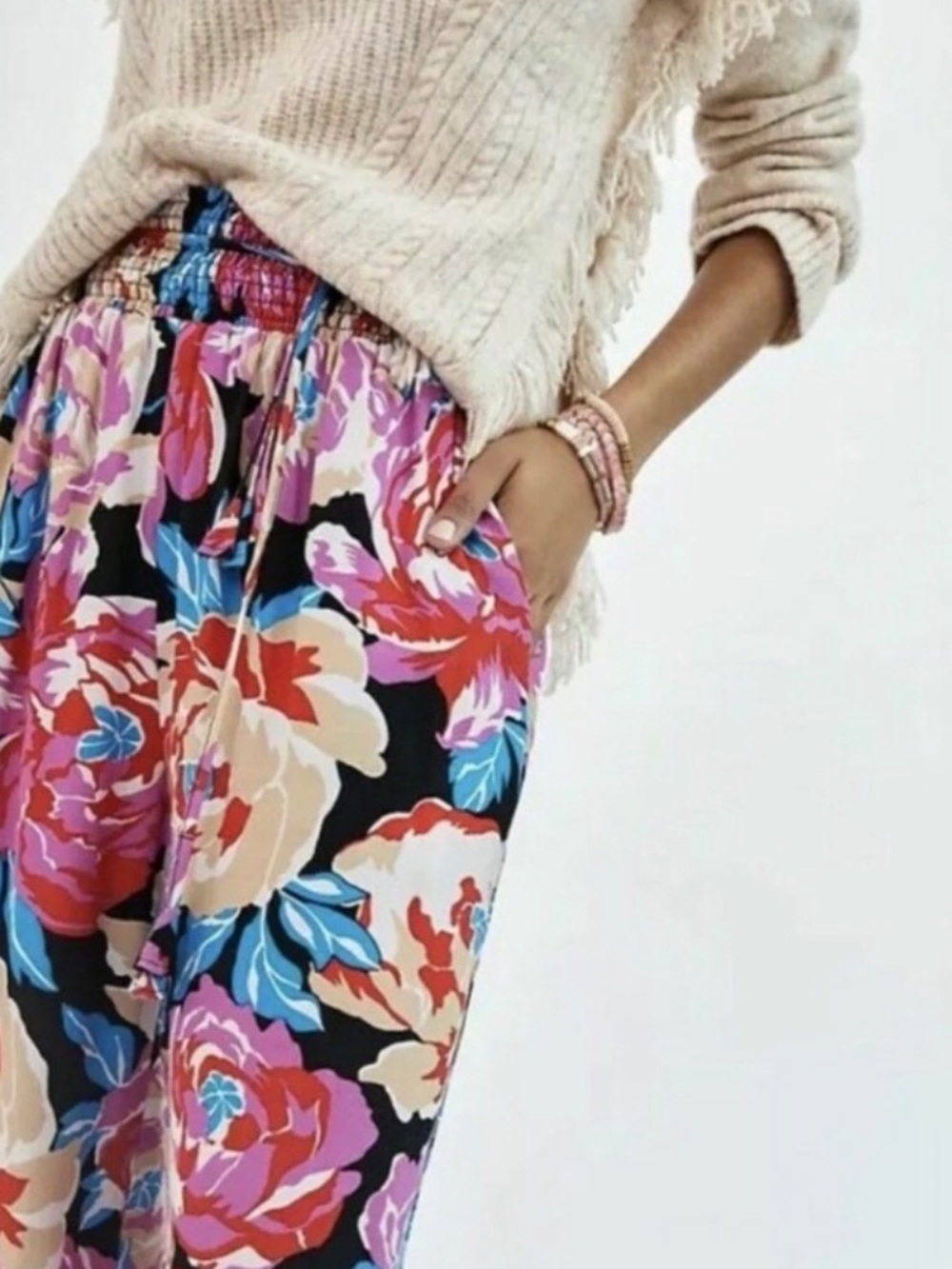 Anthropologie Floral Smock Waist Joggers in Black, Pink & Blue, Size XL, EUC